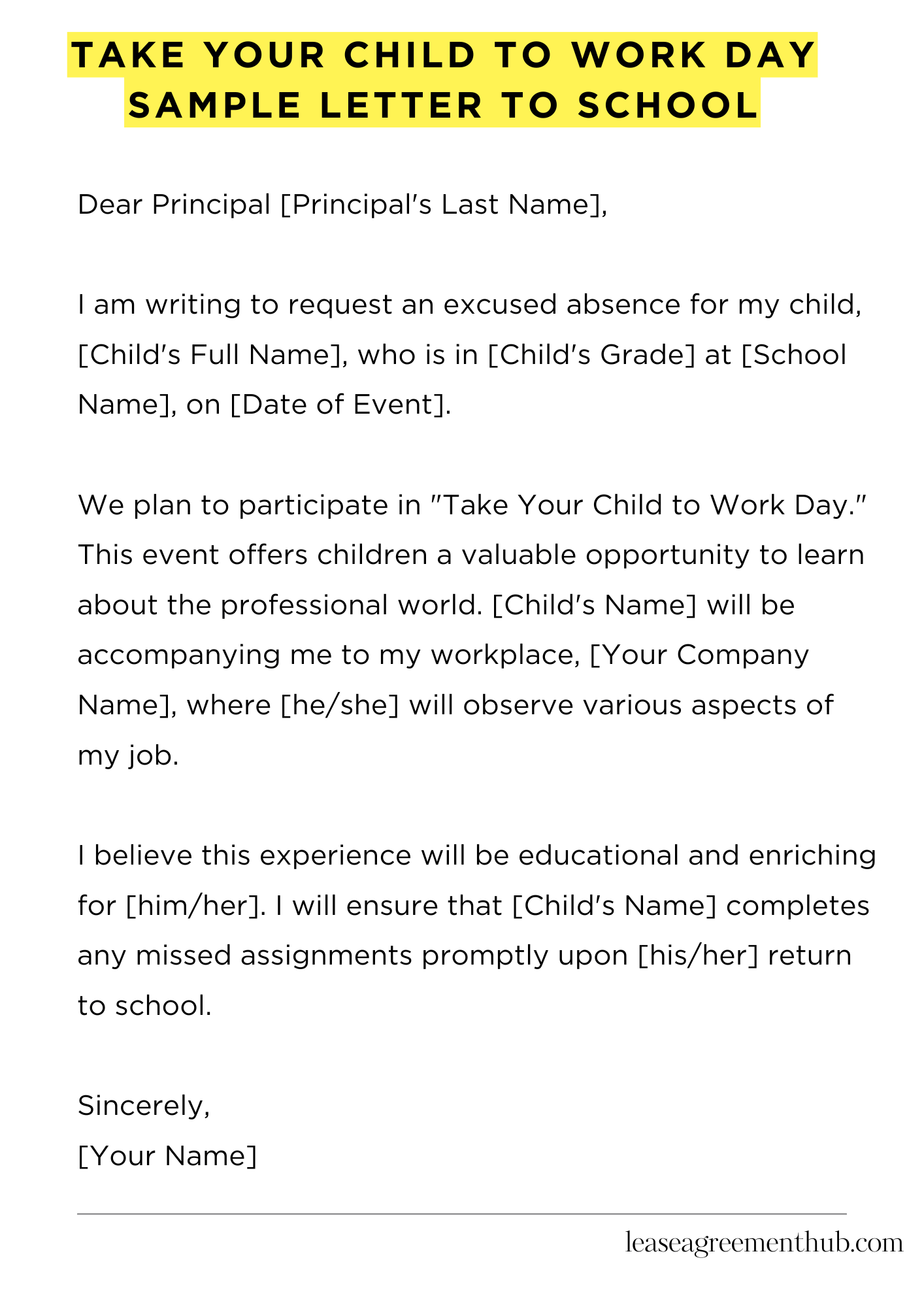 Take Your Child To Work Day Sample Letter To School