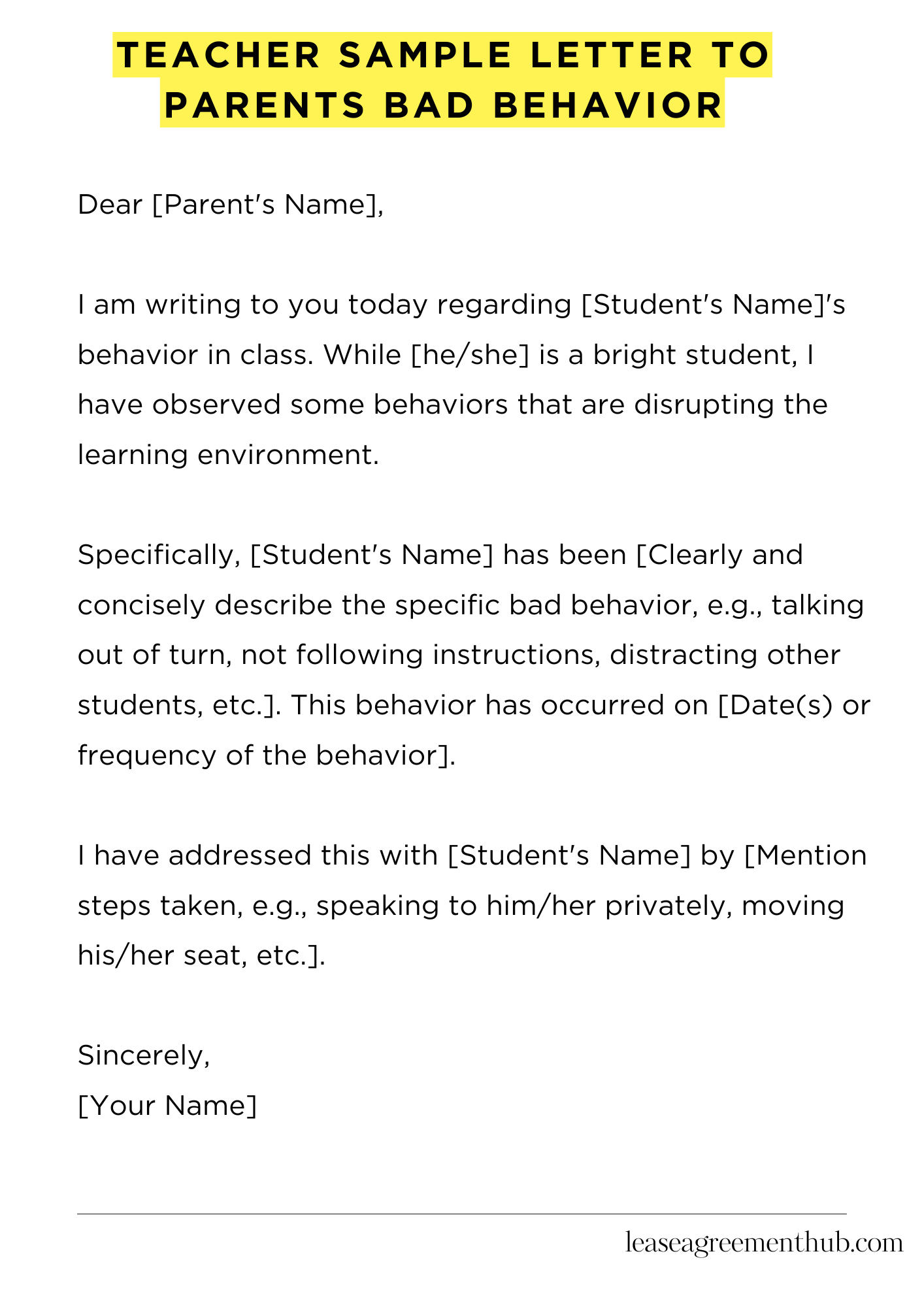 Teacher Sample Letter To Parents Bad Behavior