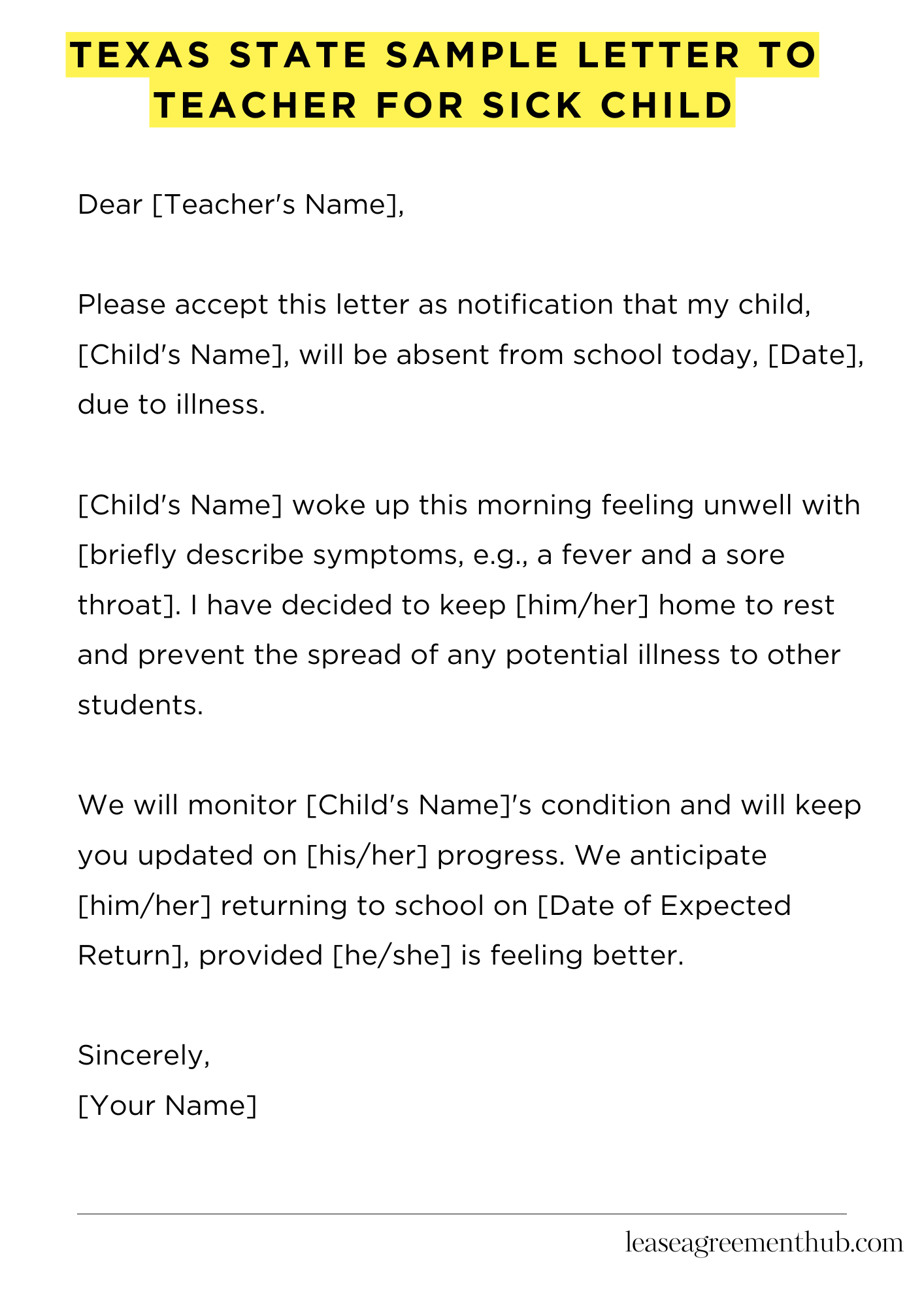Texas State Sample Letter To Teacher For Sick Child
