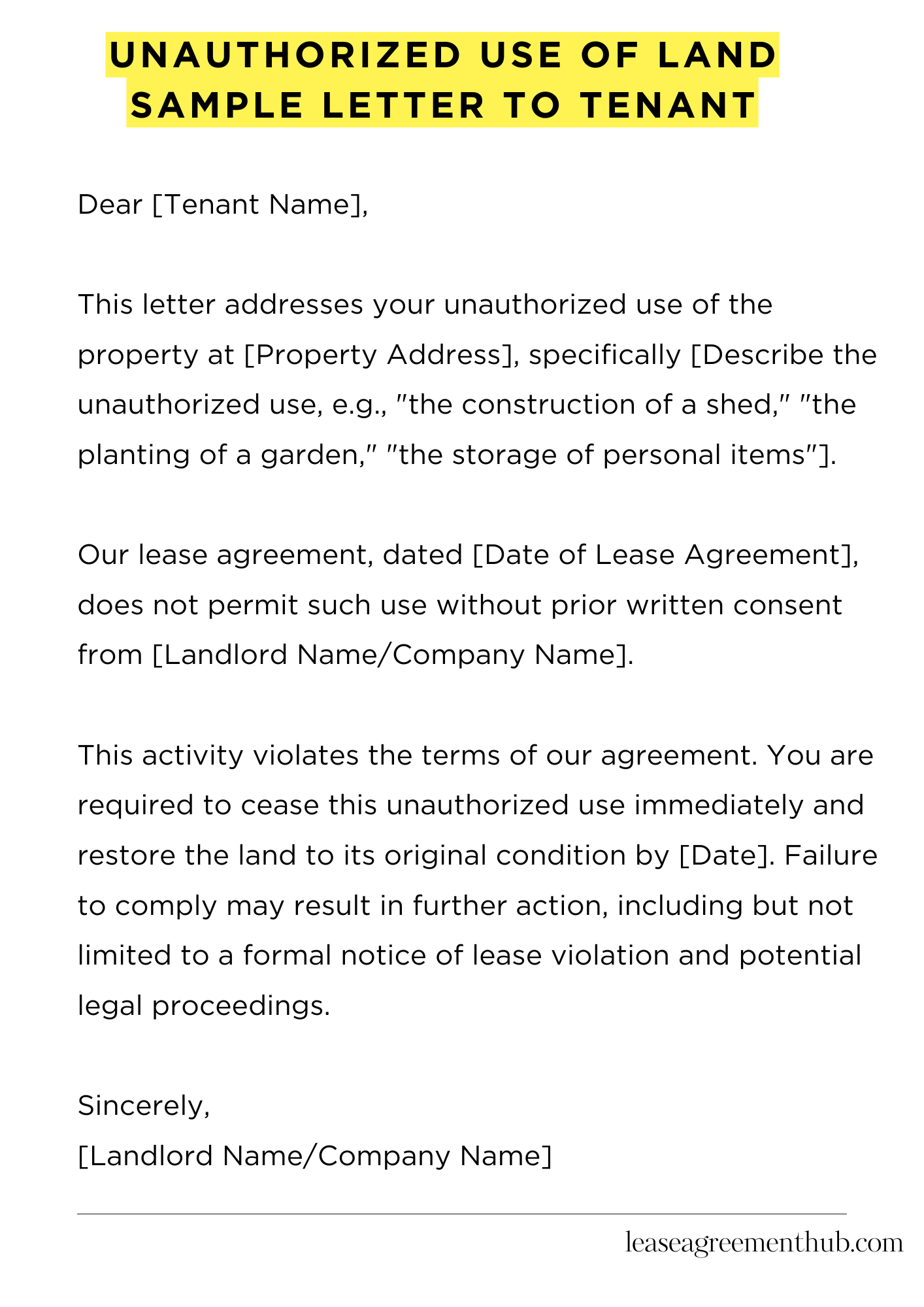 Unauthorized Use Of Land Sample Letter To Tenant
