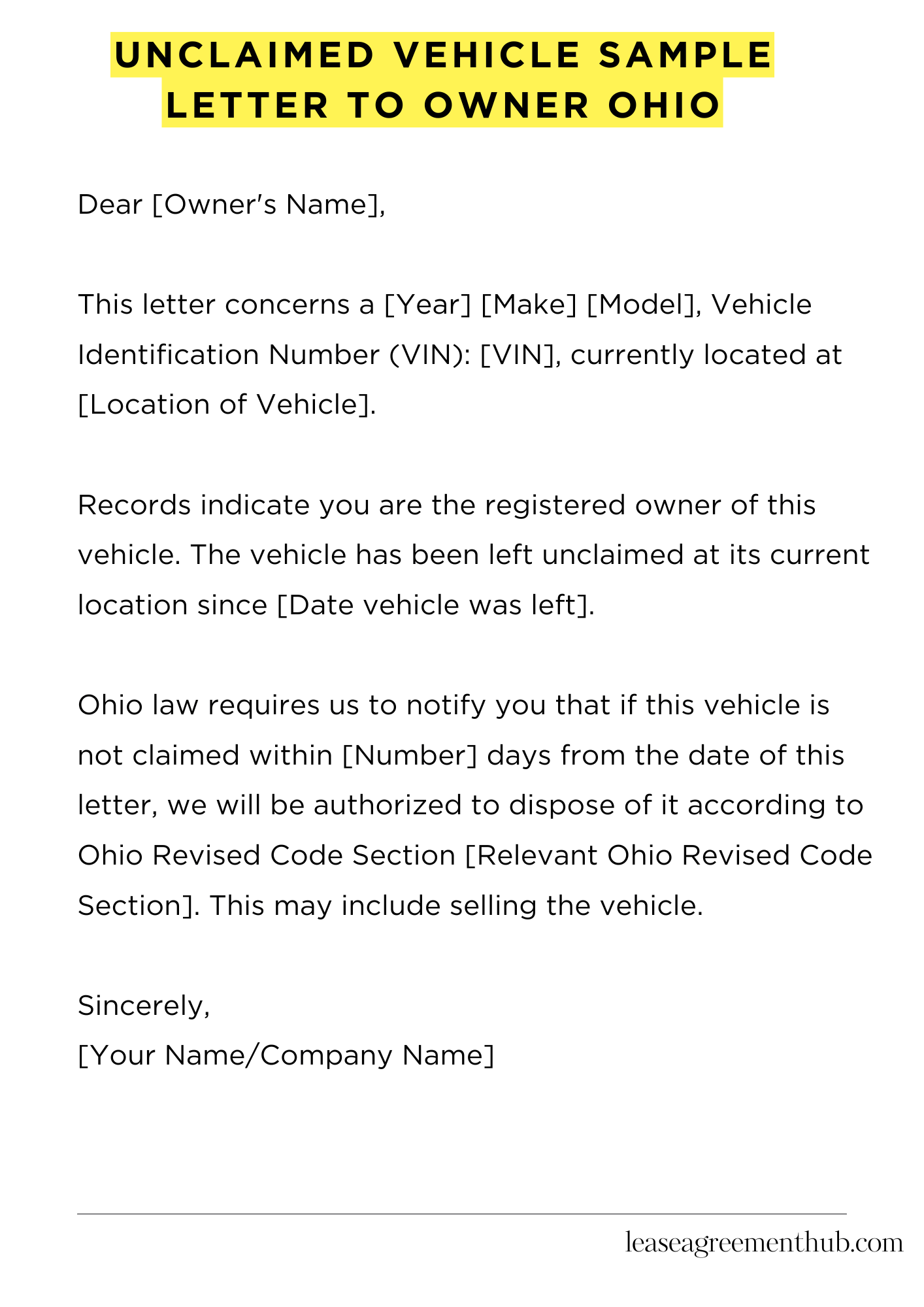 Unclaimed Vehicle Sample Letter To Owner Ohio