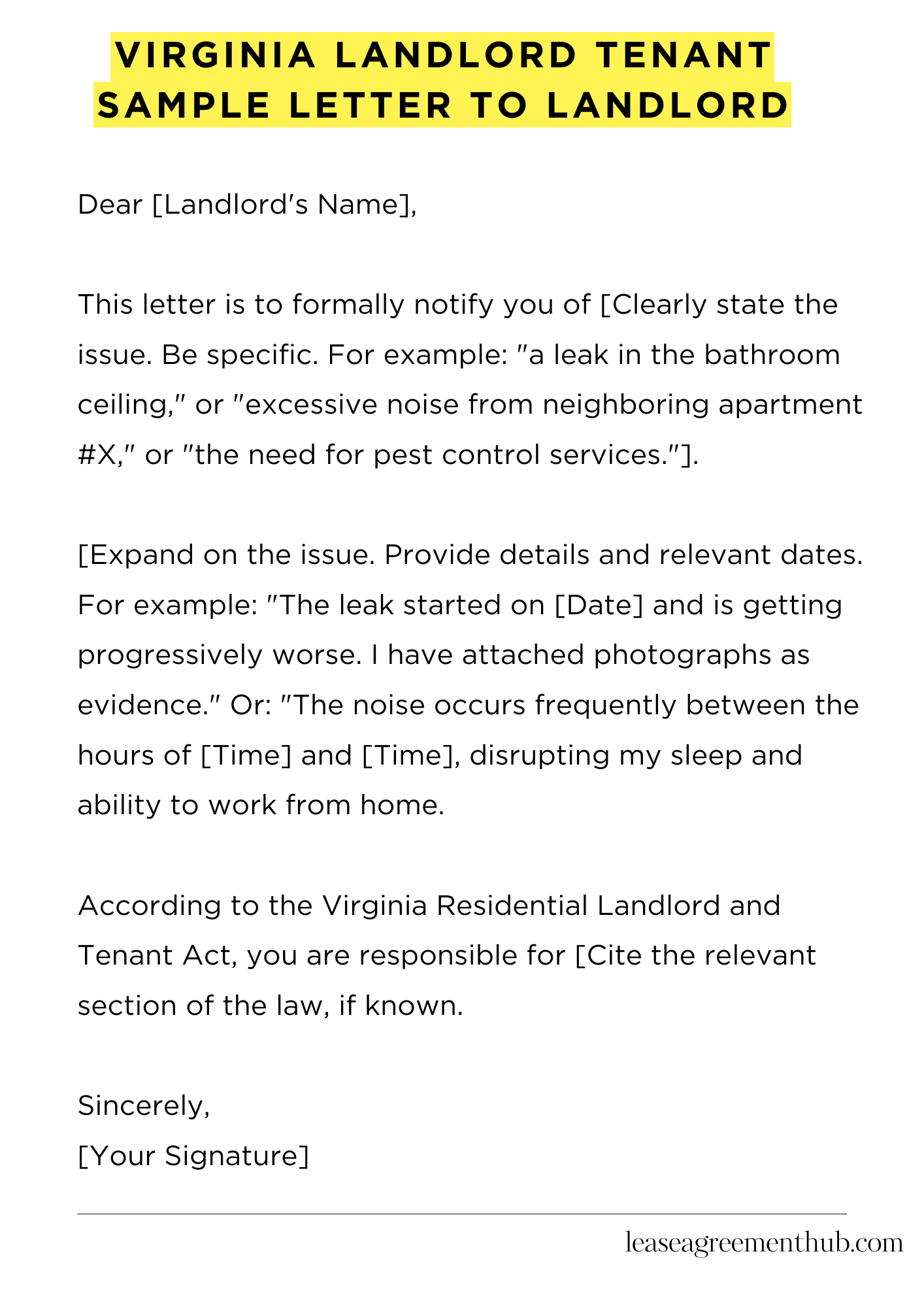 Virginia Landlord Tenant Sample Letter To Landlord