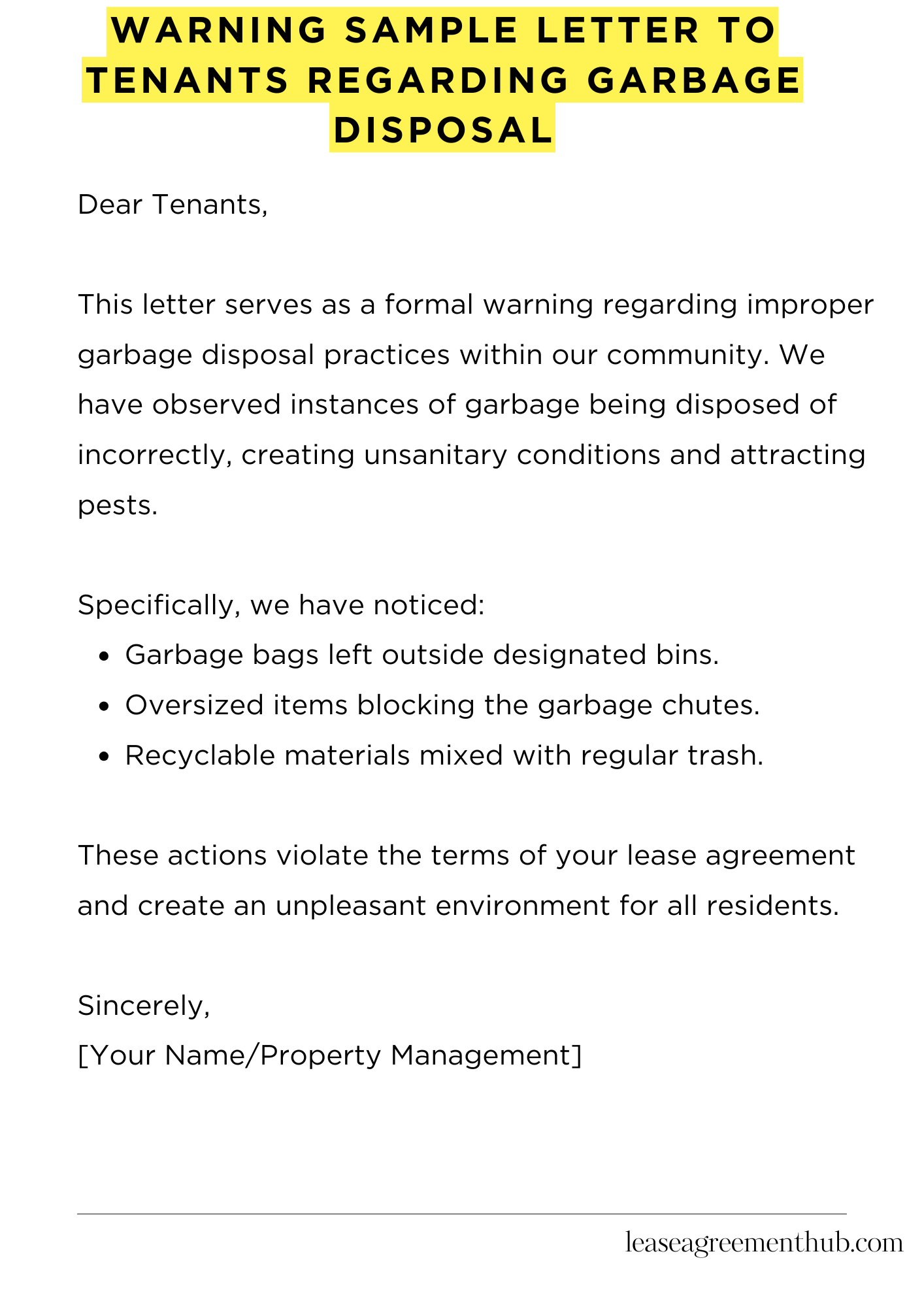 Warning Sample Letter To Tenants Regarding Garbage Disposal