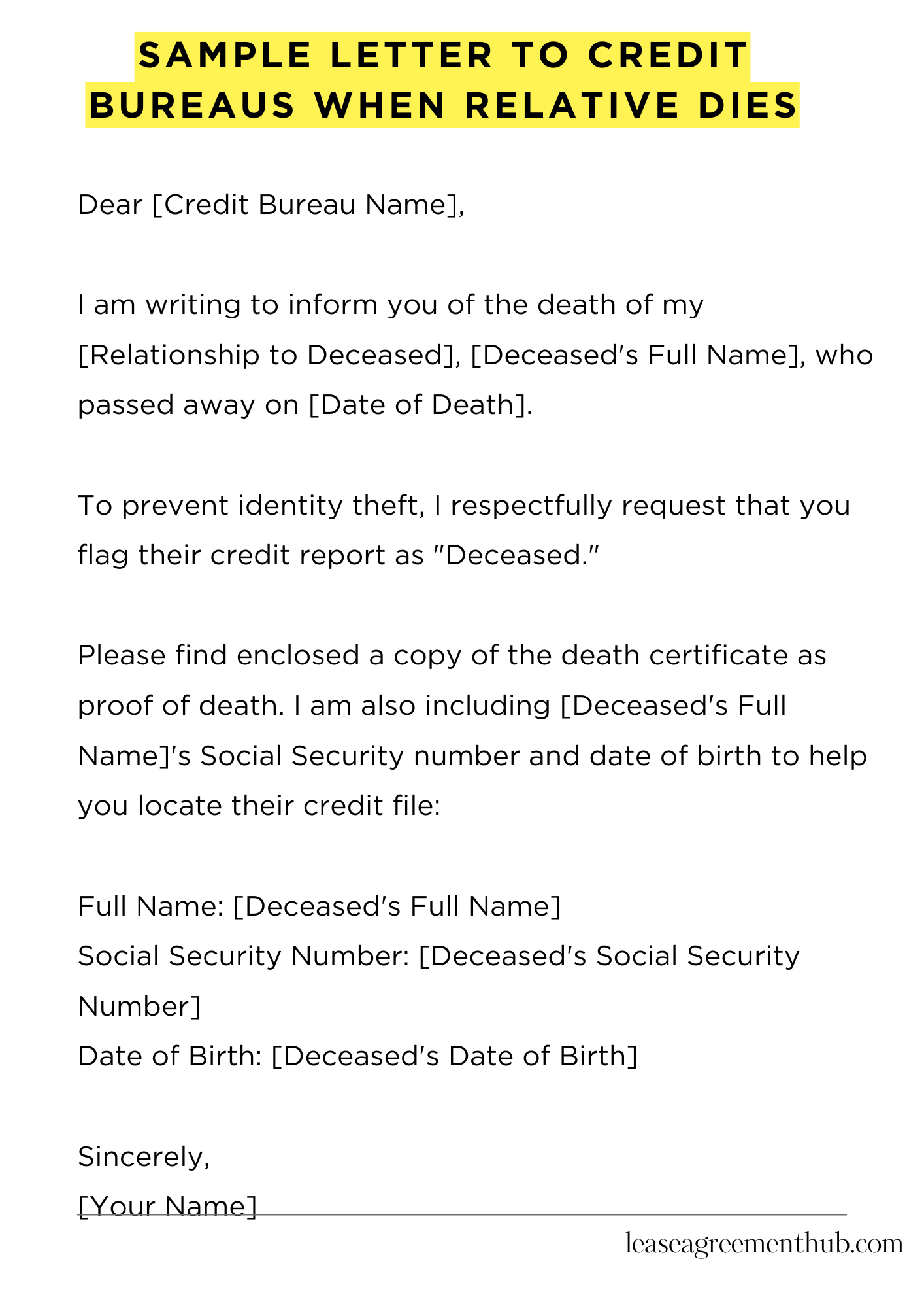 Sample Letter To Credit Bureaus When Relative Dies