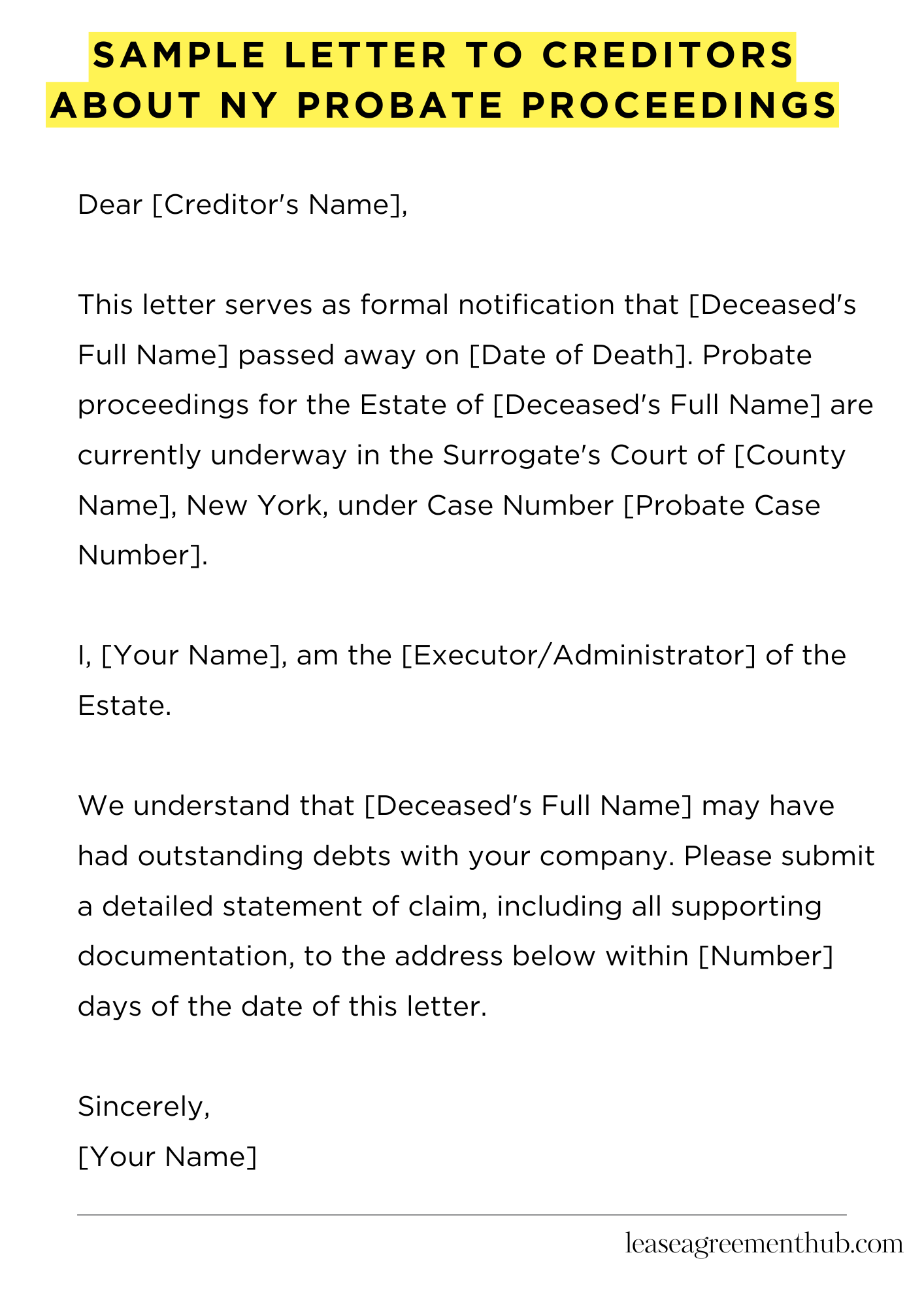 Sample Letter To Creditors About Ny Probate Proceedings