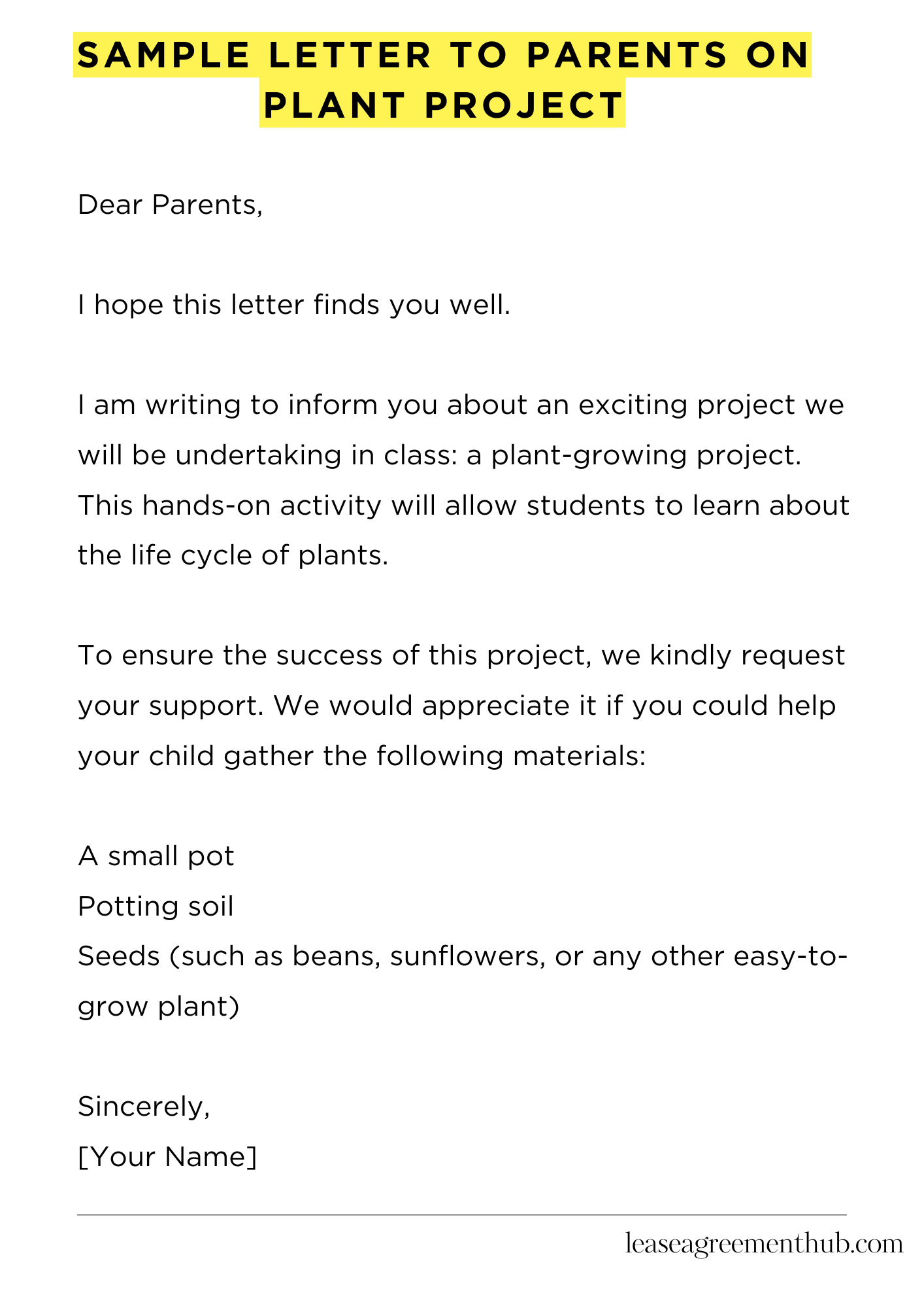 Sample Letter To Parents On Plant Project