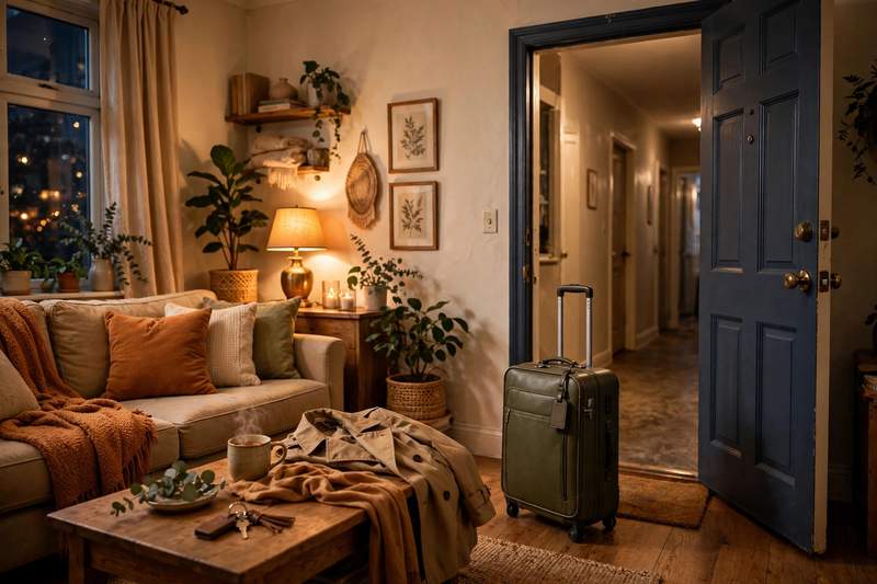 Cozy apartment living room with a suitcase standing by the front door in warm light, suggesting a short-term rental guest arriving