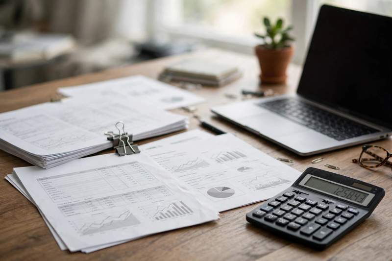 Financial statements, a calculator, and a laptop arranged on an office desk, representing lease accounting paperwork.