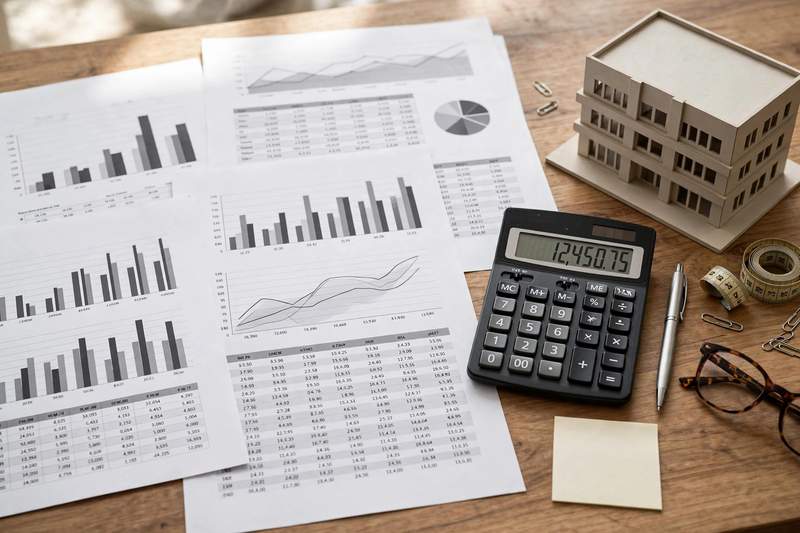Financial documents and a calculator on a desk next to a small model of an office building, illustrating commercial rent calculation