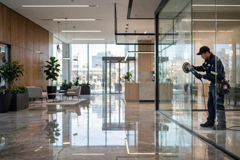 Modern office building lobby with polished floors and a maintenance worker polishing a glass panel, representing commercial property upkeep