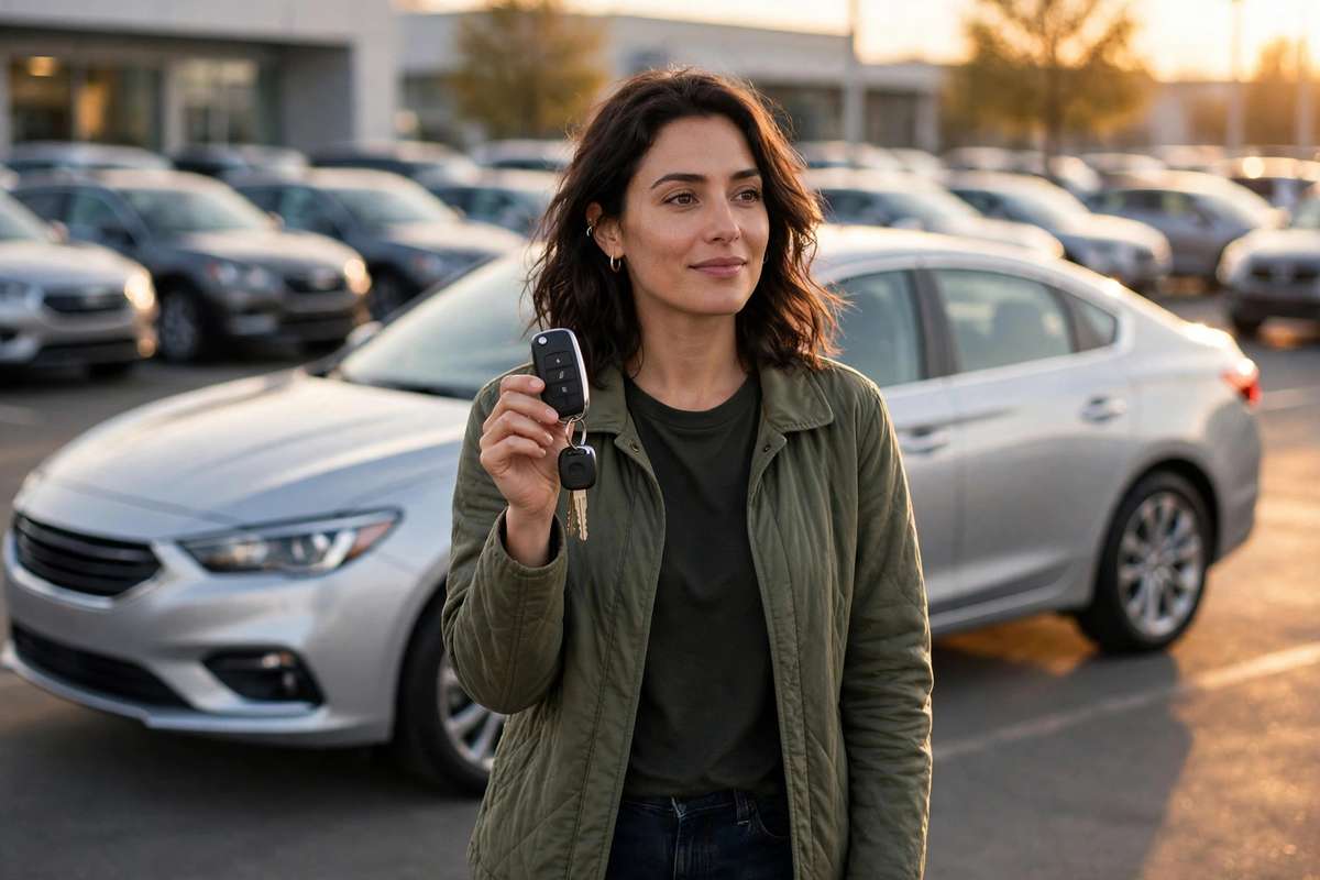 A woman holds up a car key fob in front of a silver sedan in a dealership parking lot at golden hour.
