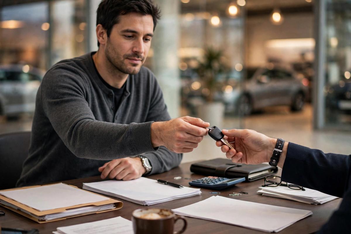 Person handing car keys back across a dealership desk at lease end, representing the car lease disposition fee