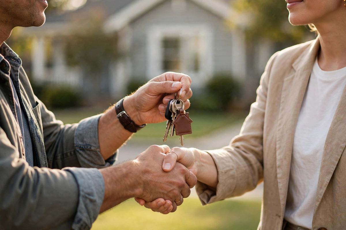 Two people shaking hands while exchanging house keys in front of a suburban home