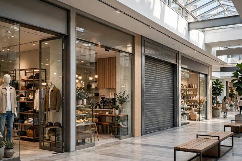 Shopping mall interior with several open storefronts and one store with its shutters closed