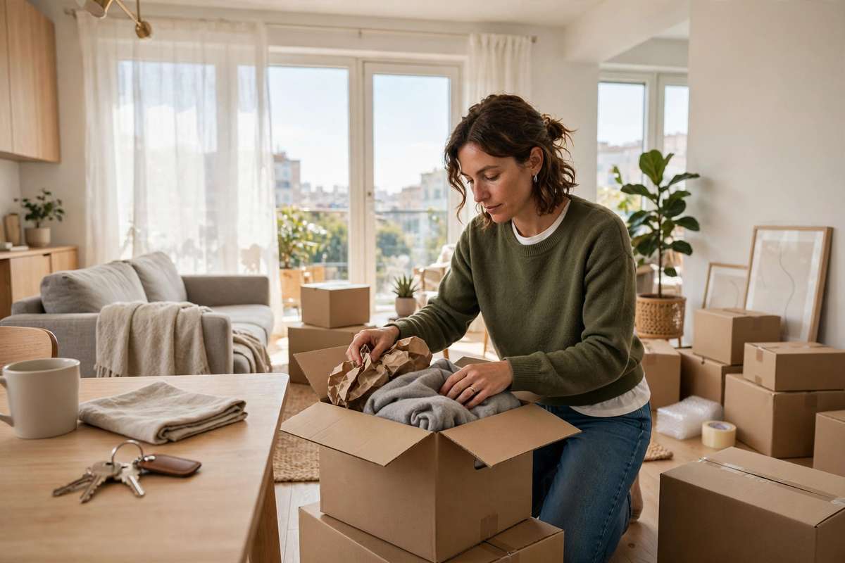 A woman in a green sweater packs a cardboard moving box in a bright apartment living room, with stacked boxes and a set of keys on a nearby table.