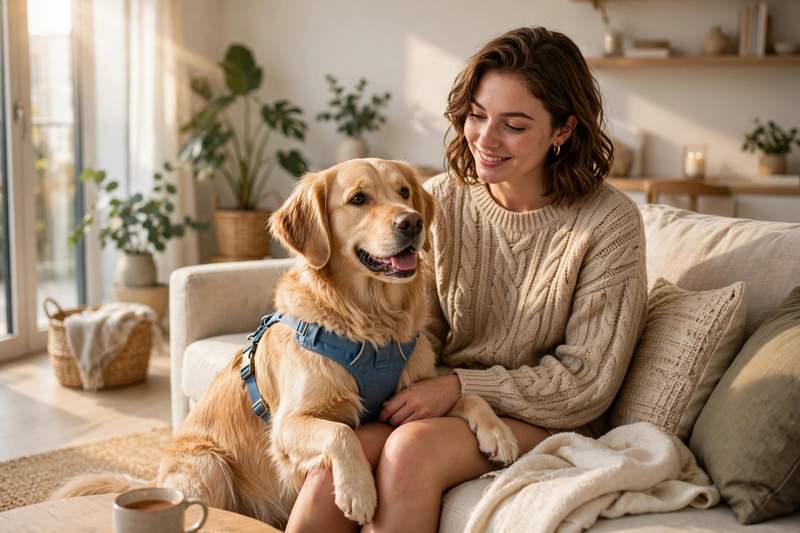 A friendly dog sitting beside its owner on a couch in a bright apartment living room, illustrating the comfort of an emotional support animal at home.