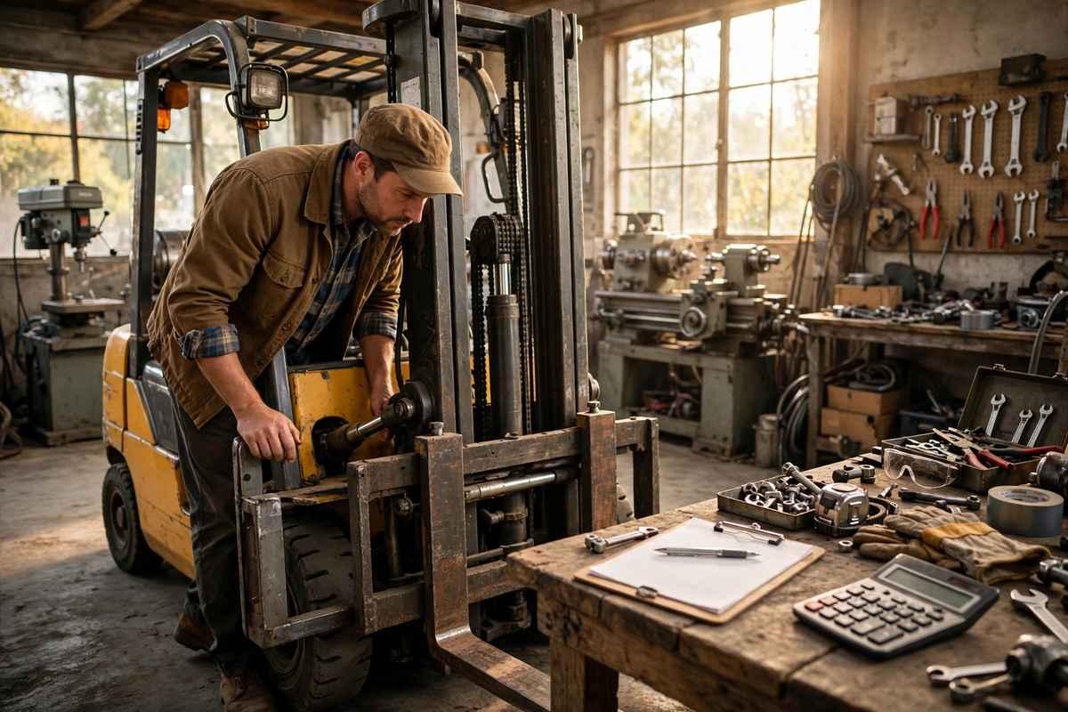 A small business owner inspecting a yellow forklift in a sunlit workshop, with a clipboard and calculator on a wooden workbench covered in tools