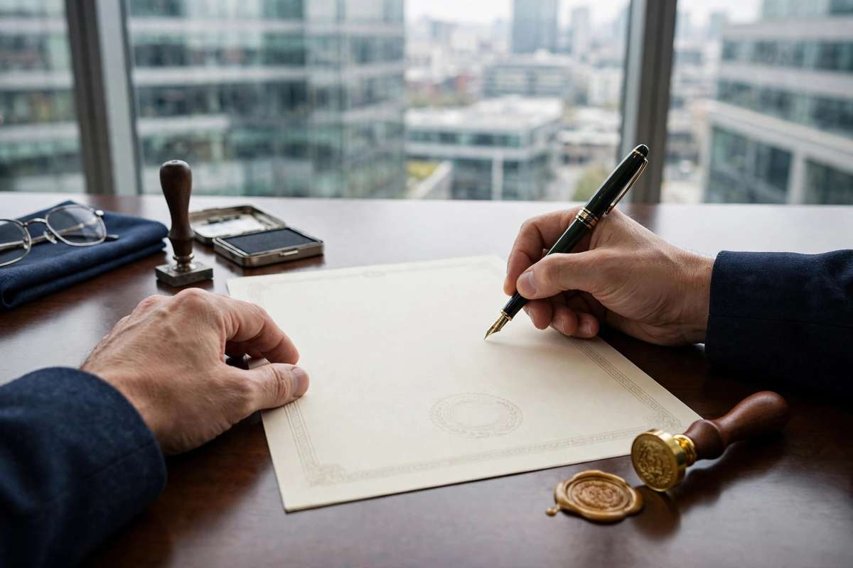 Hands signing a formal certificate document with a fountain pen on a wooden desk, with a wax seal stamp, rubber stamp, and office buildings visible through a window behind.