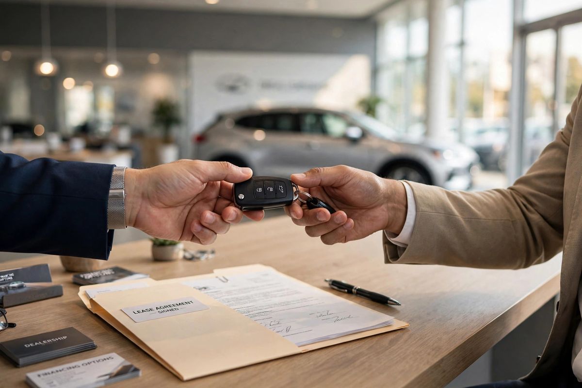 Vehicle lease agreement and fee breakdown showing the acquisition fee on a dealership desk next to car keys