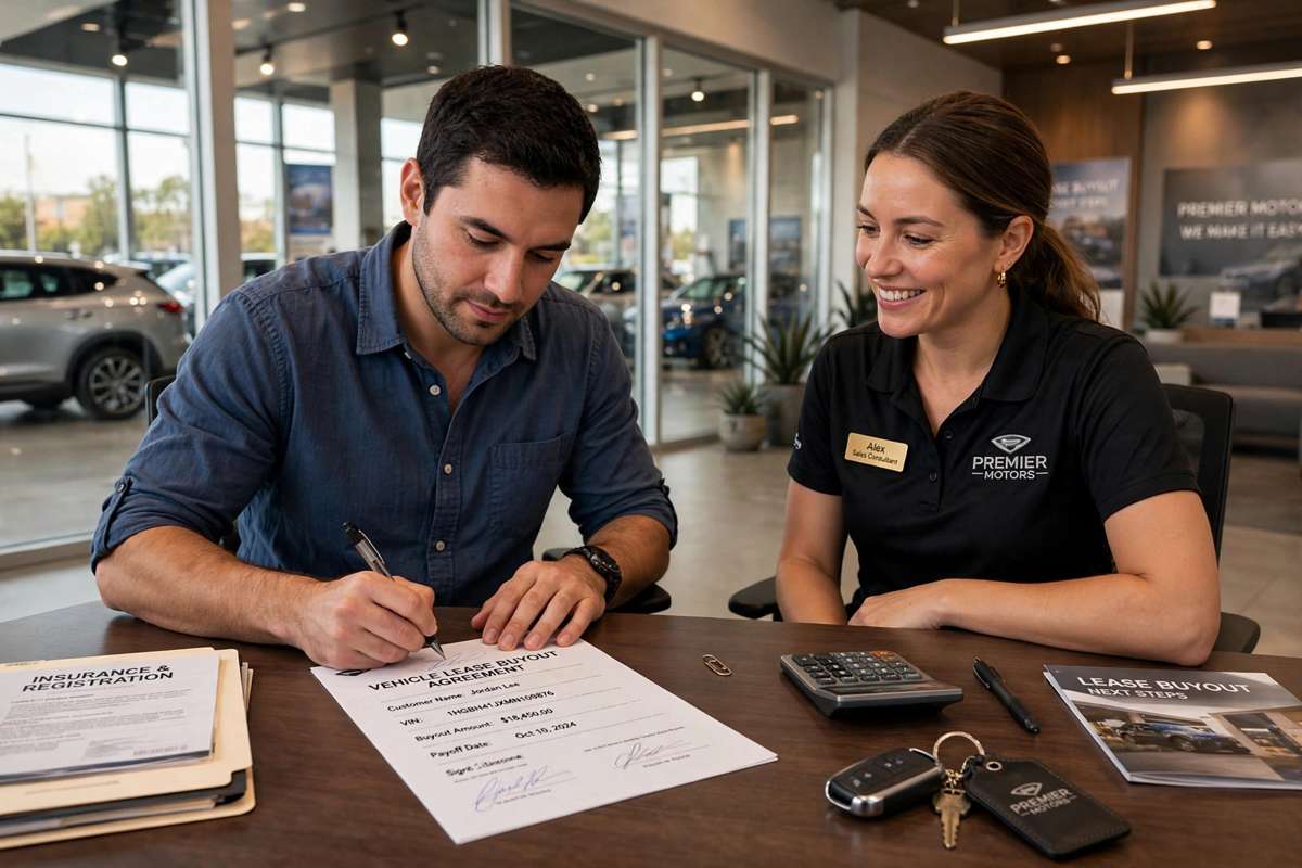 A car key fob being handed over at a dealership desk beside a lease agreement, illustrating a car lease security deposit