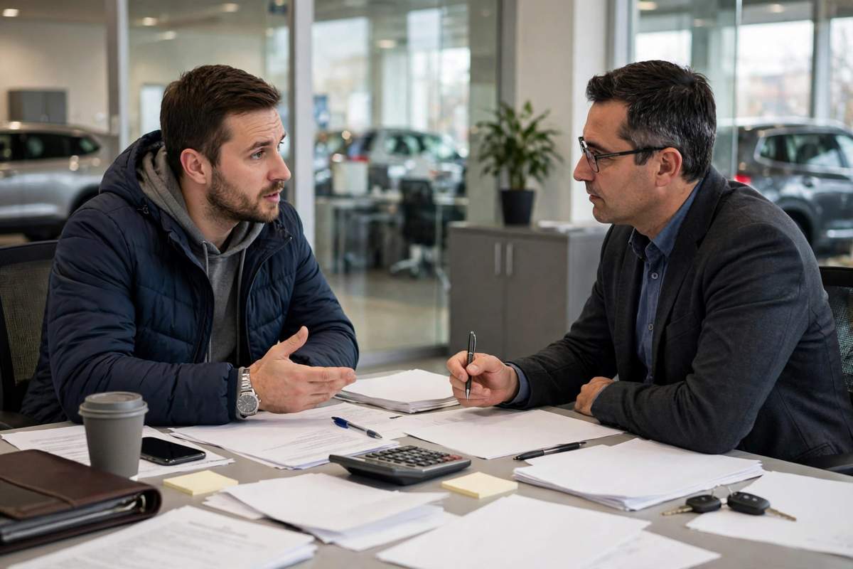 Two people shaking hands while exchanging car keys in front of a sedan for a lease transfer