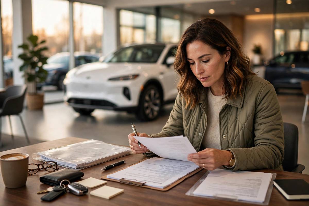 Car buyer reviewing lease paperwork at a dealership desk with a new car visible in the showroom