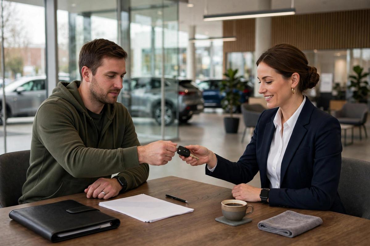 Customer negotiating a car lease buyout with a dealer at a desk with paperwork