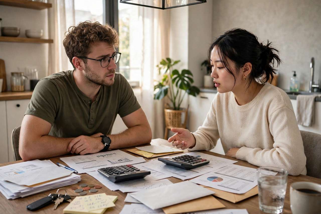 Two roommates sitting at a table calmly discussing bills and a calculator during a rent dispute conversation.