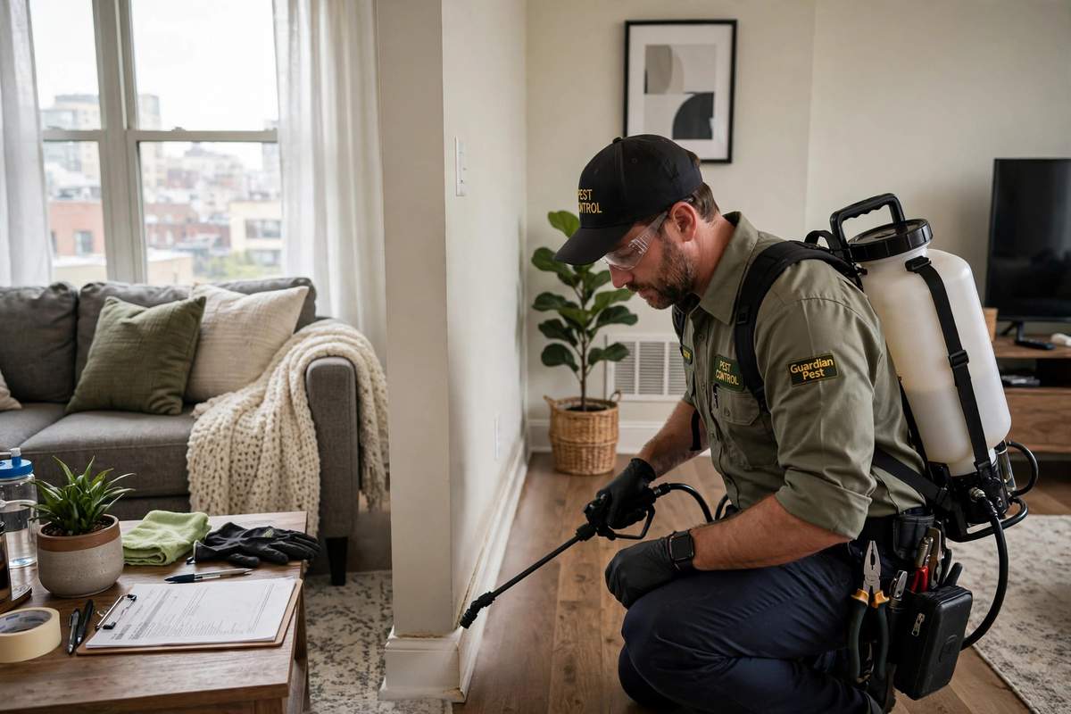 A pest control technician in uniform treating along the baseboards of an apartment room.