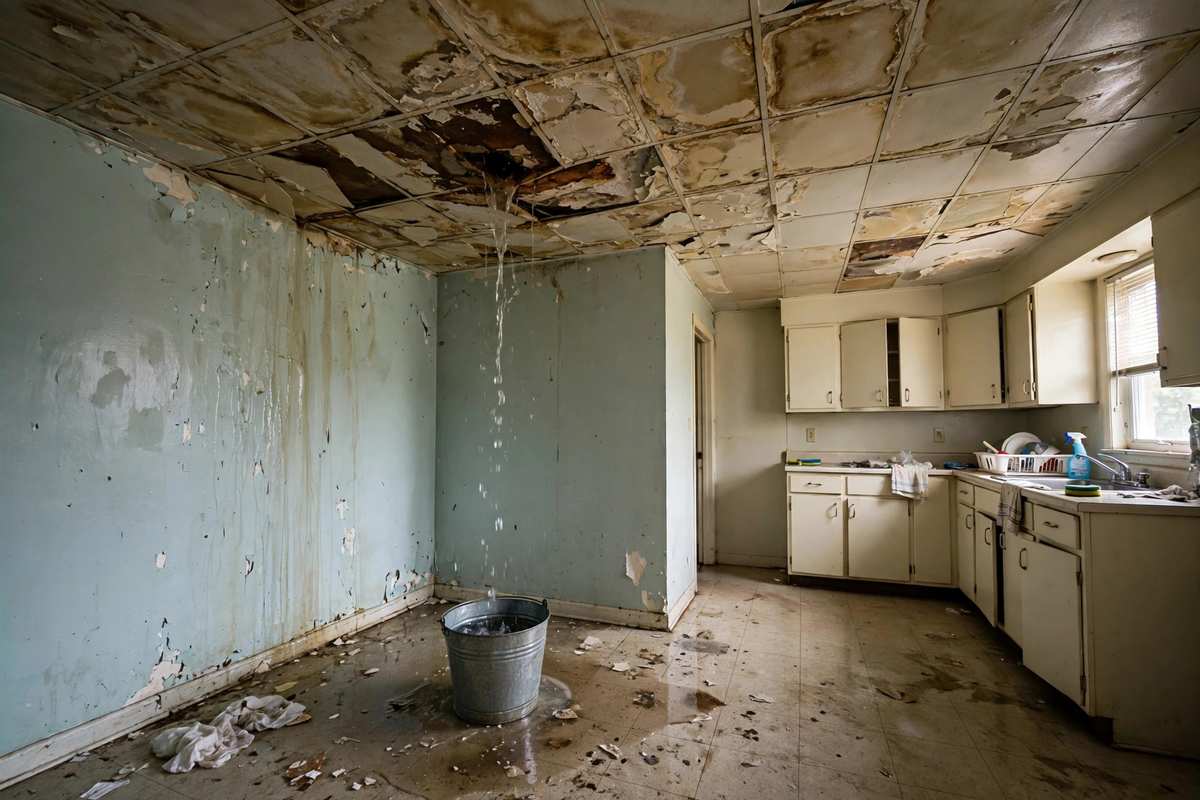Water leaking from a damaged ceiling into a bucket on the floor of a rental apartment.