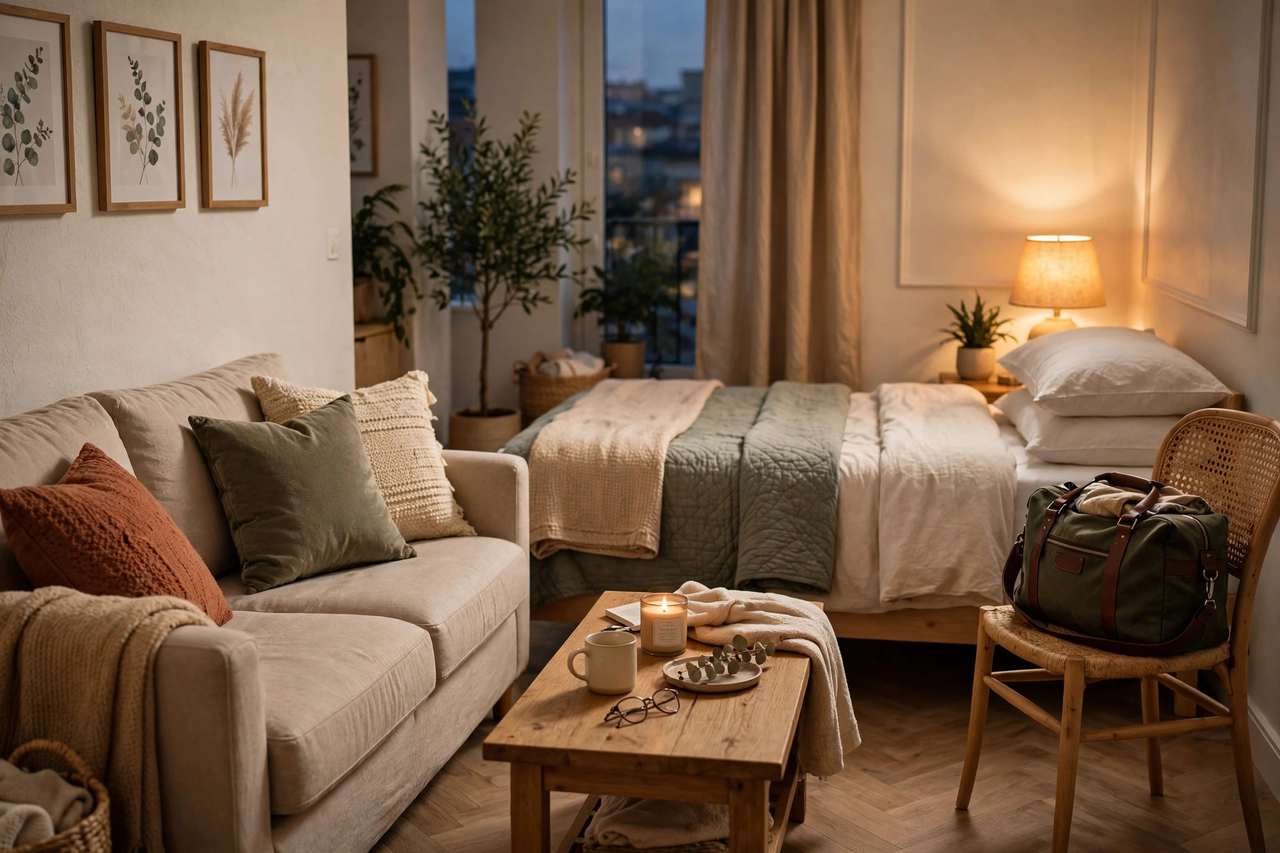A welcoming apartment living room with a sofa bed prepared for an overnight guest, warm evening light through windows.