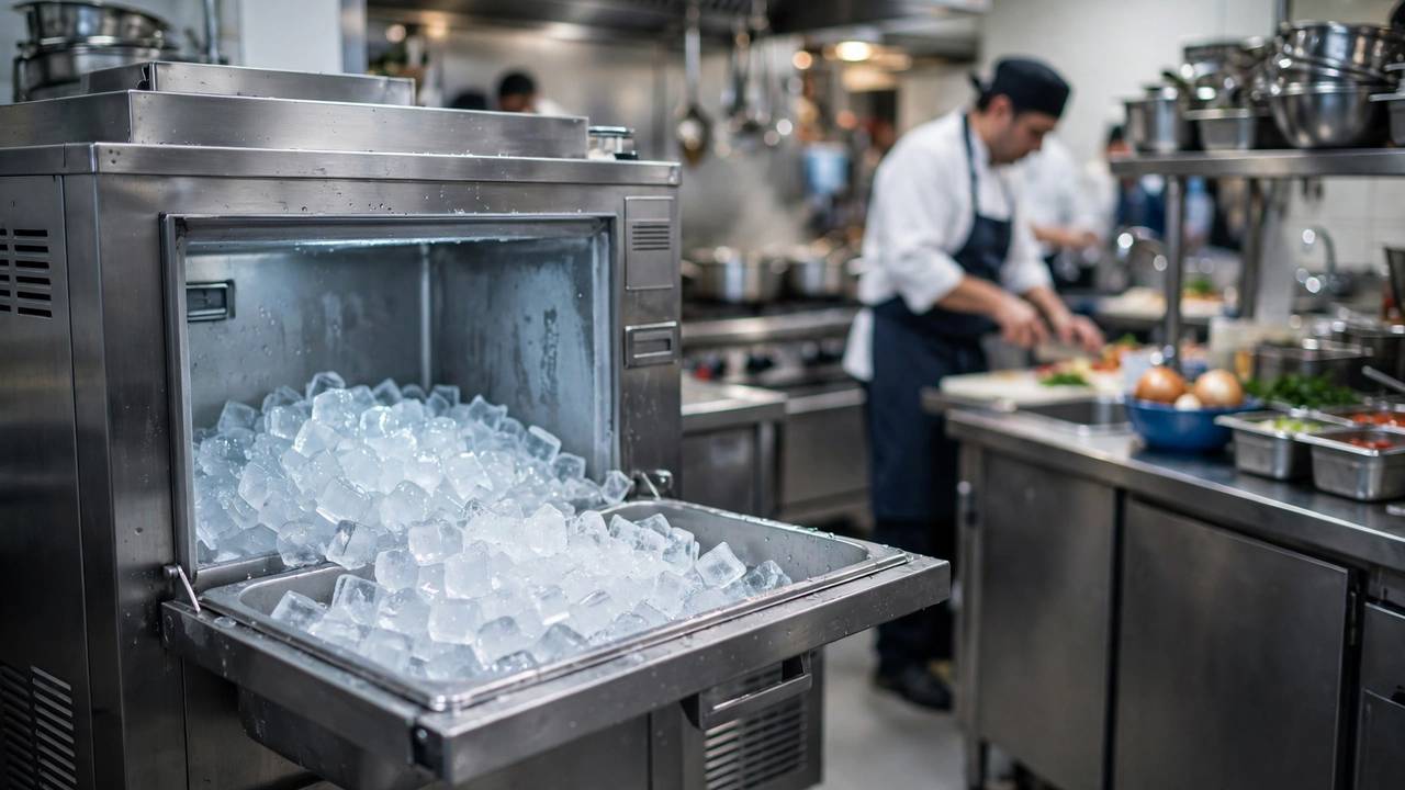 A stainless steel commercial ice machine with its storage bin open, full of sparkling ice cubes.