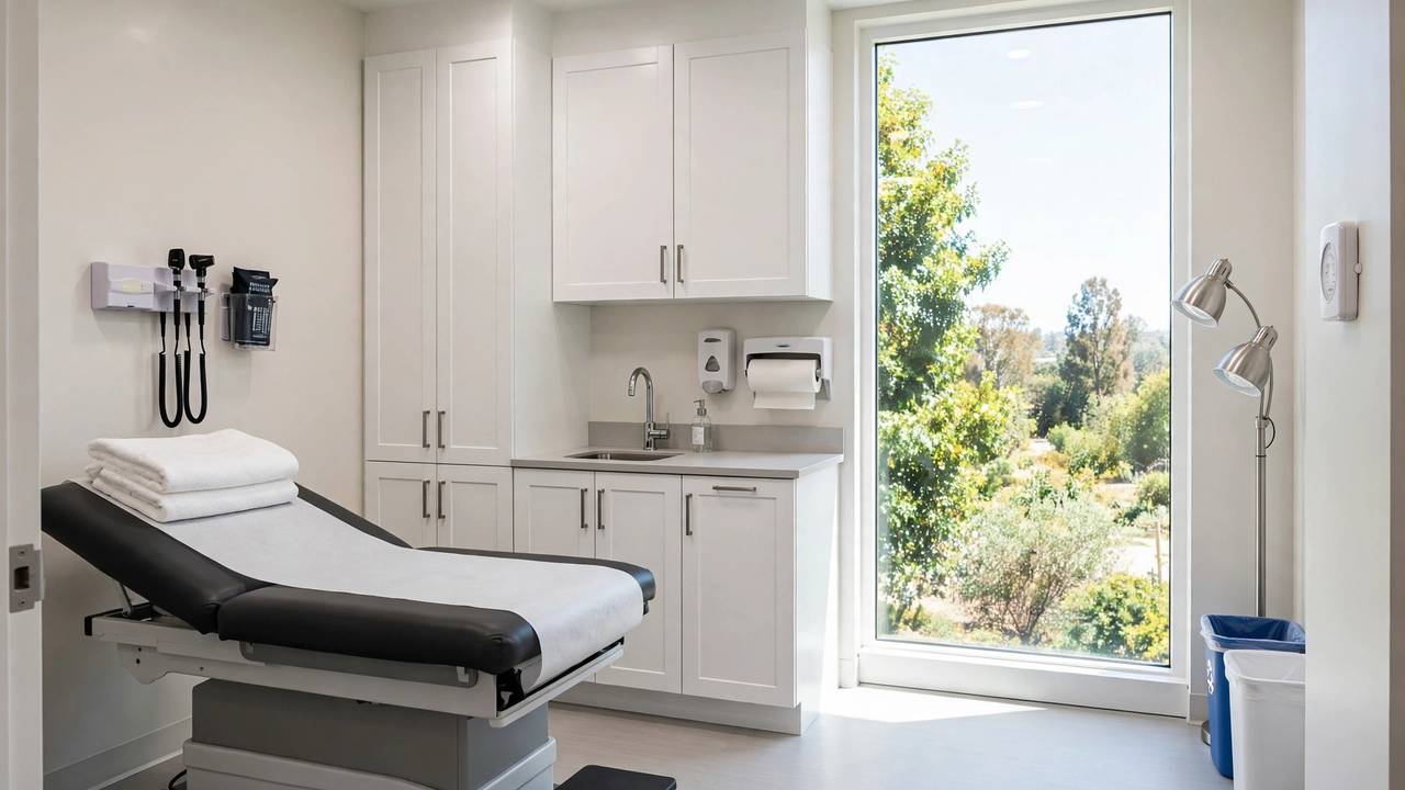 Bright modern medical office exam room with an examination table, white cabinets, a sink, and daylight streaming through the windows.