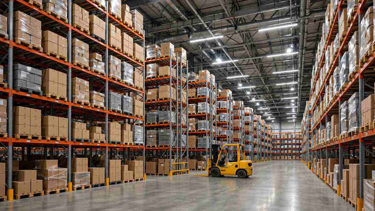 A large warehouse interior with tall pallet racking stacked with boxes and a forklift on the floor.