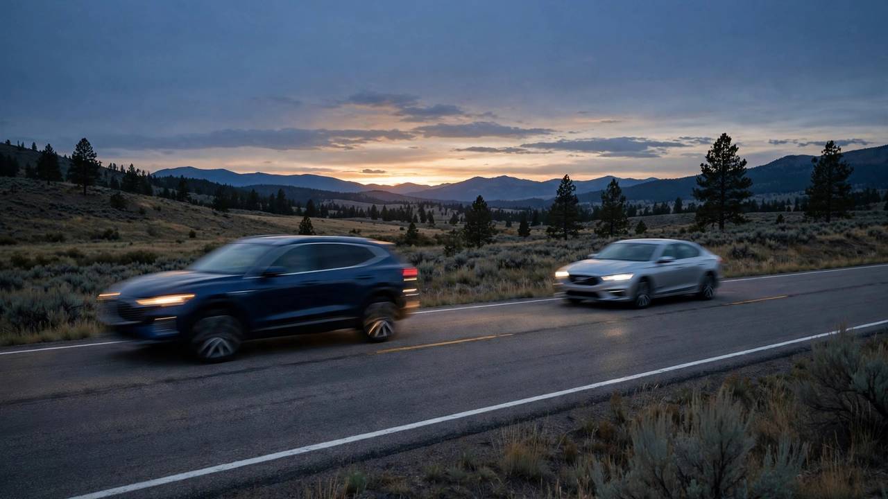Two cars passing each other on an open highway at dusk with subtle motion blur, suggesting a lease handover.