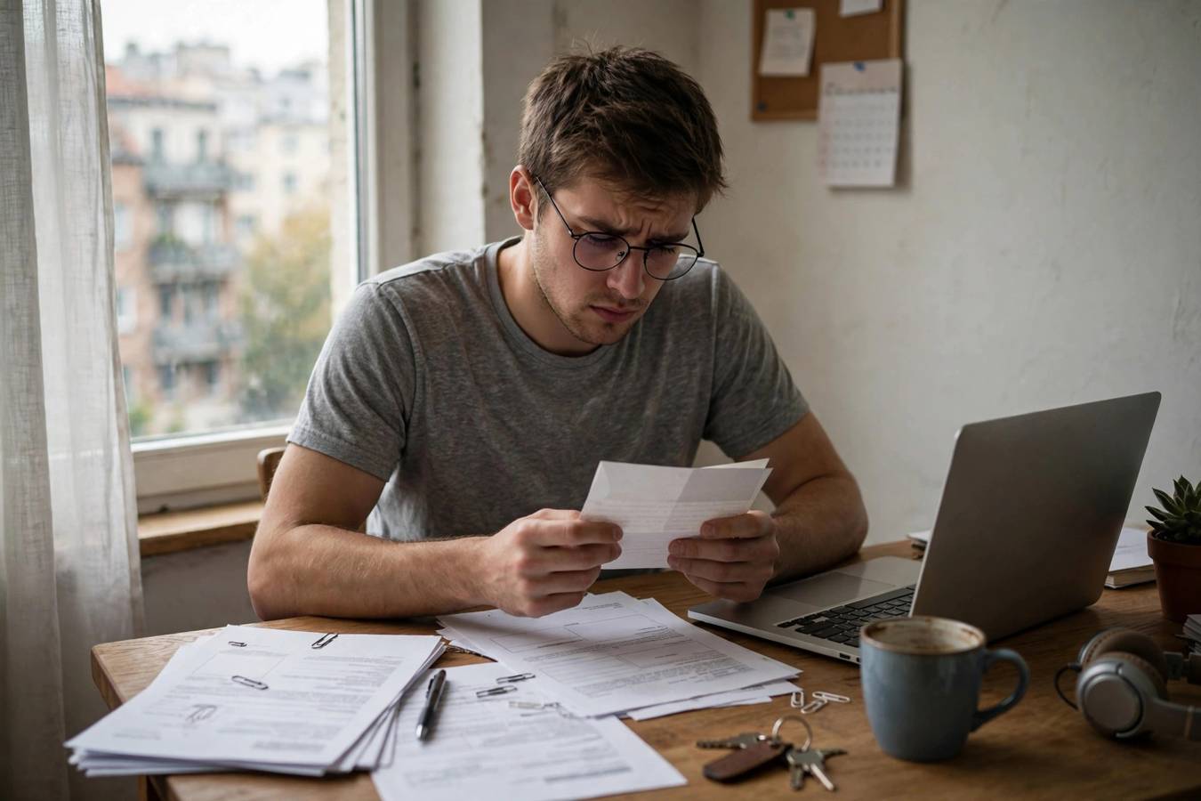 A renter reviews budget paperwork and a calculator to check income against the 3x rent rule.