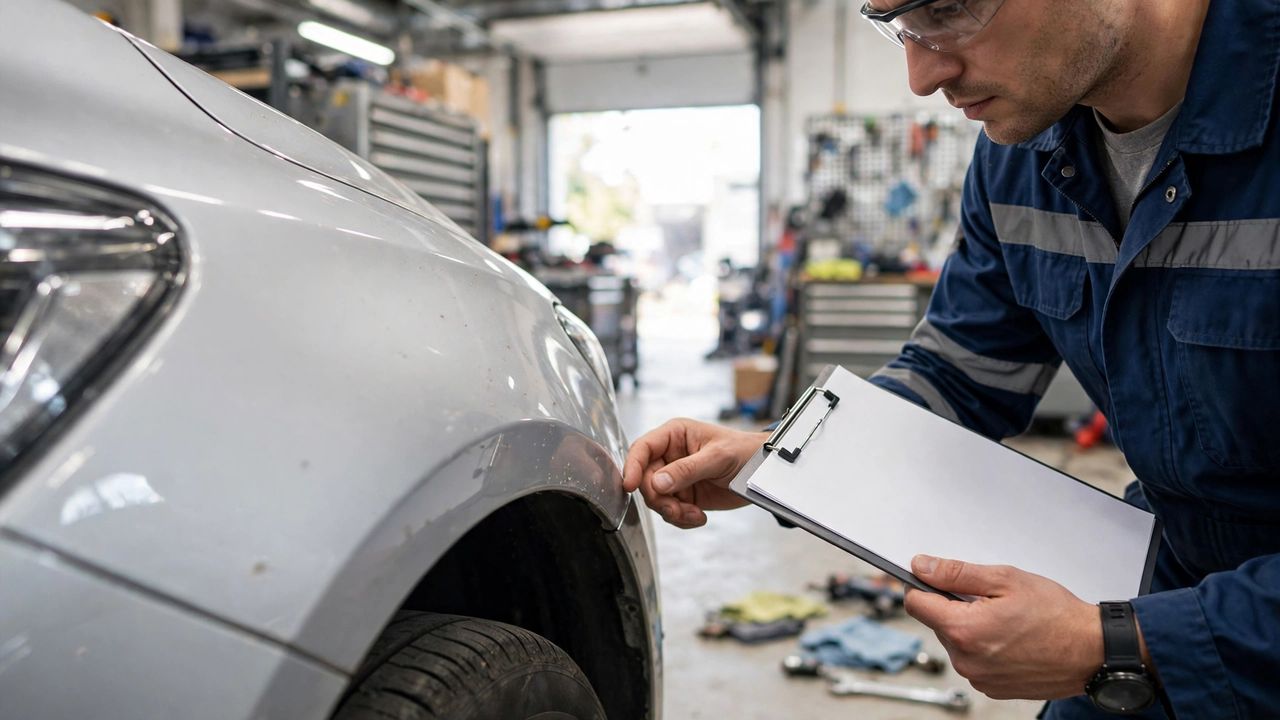 A person with a clipboard inspecting the fender of a silver sedan during a lease-end wear and tear check in a bright garage.