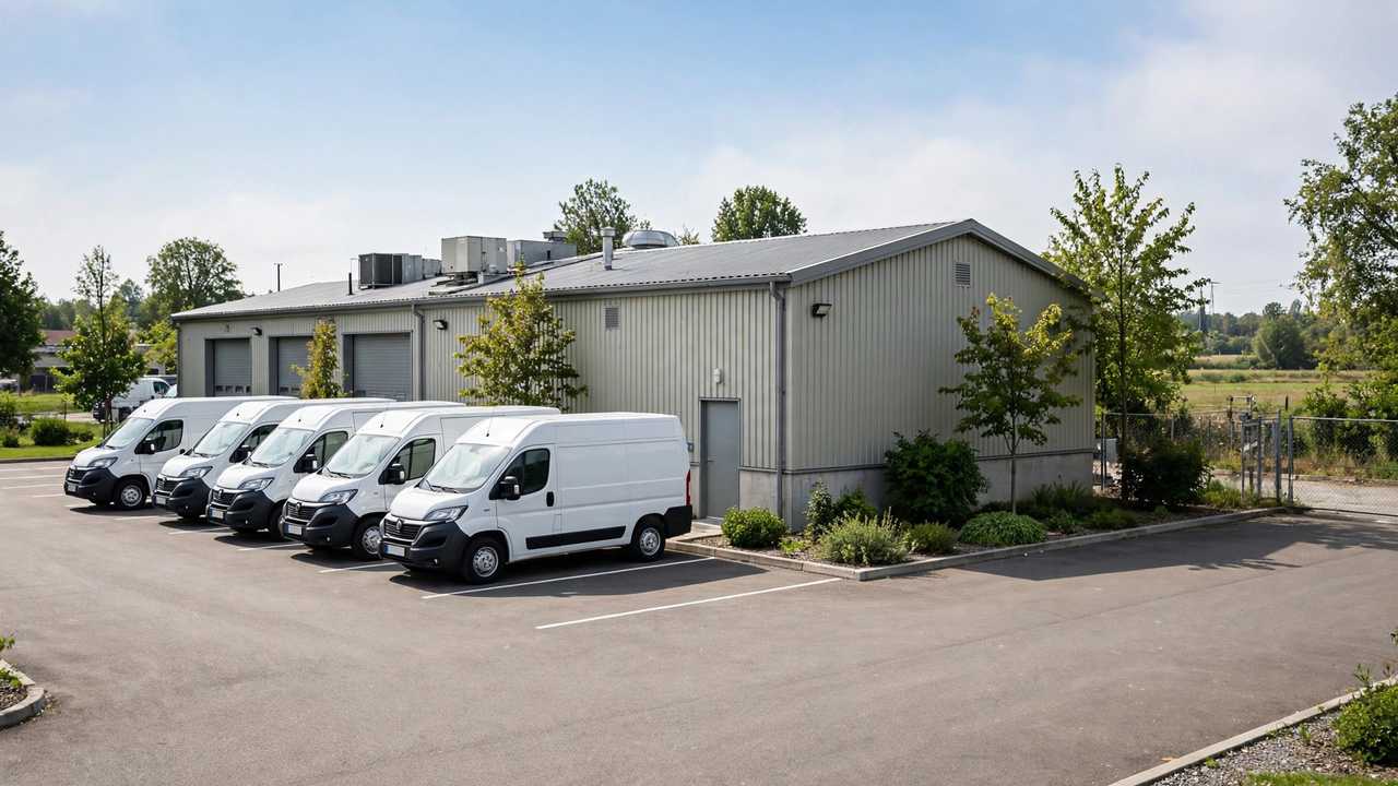 A small fleet of white commercial work vans parked in front of a small warehouse building in daylight.