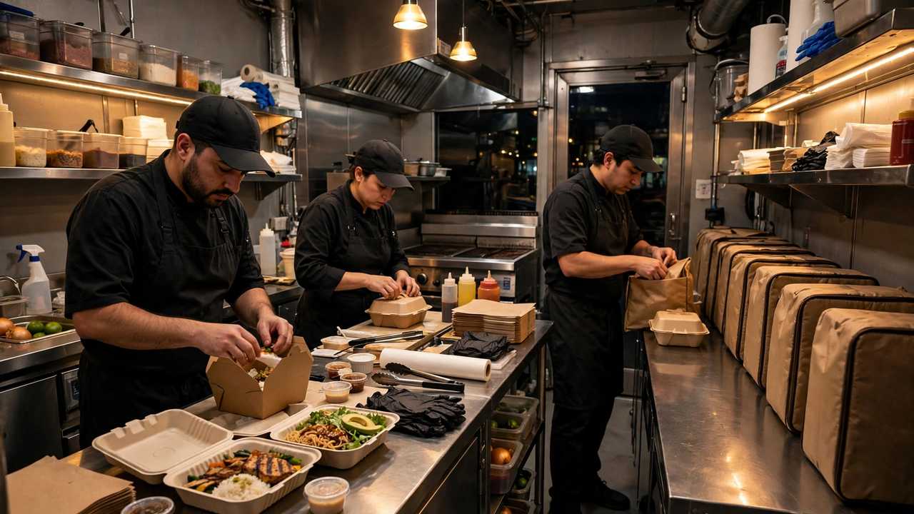 Chefs packing takeout orders on stainless steel counters in a compact ghost kitchen at night with delivery bags lined up.