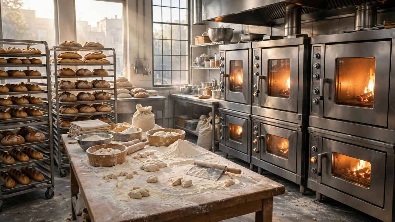A baker sliding loaves into a glowing commercial deck oven inside a warm bakery kitchen.