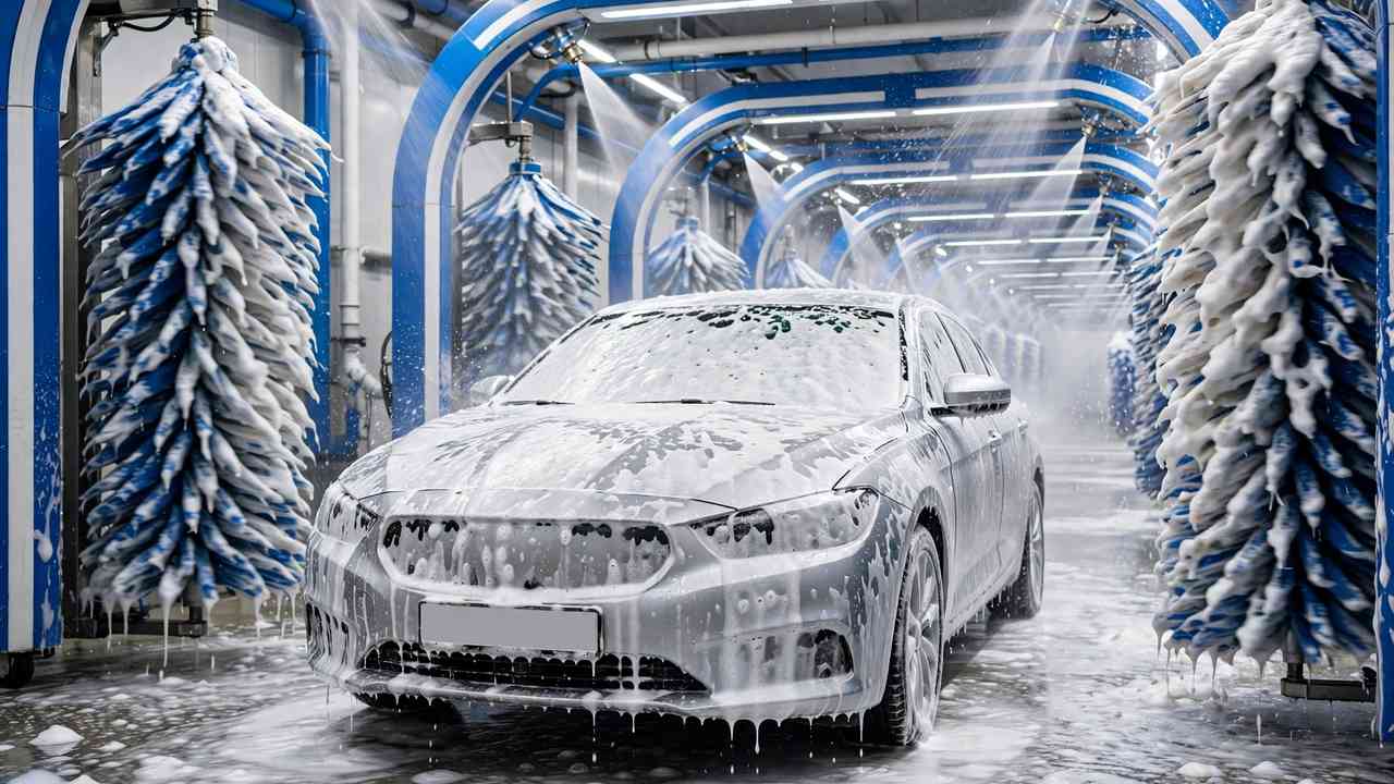 A car moving through an automatic car wash tunnel with large rotating brushes and soap spray.