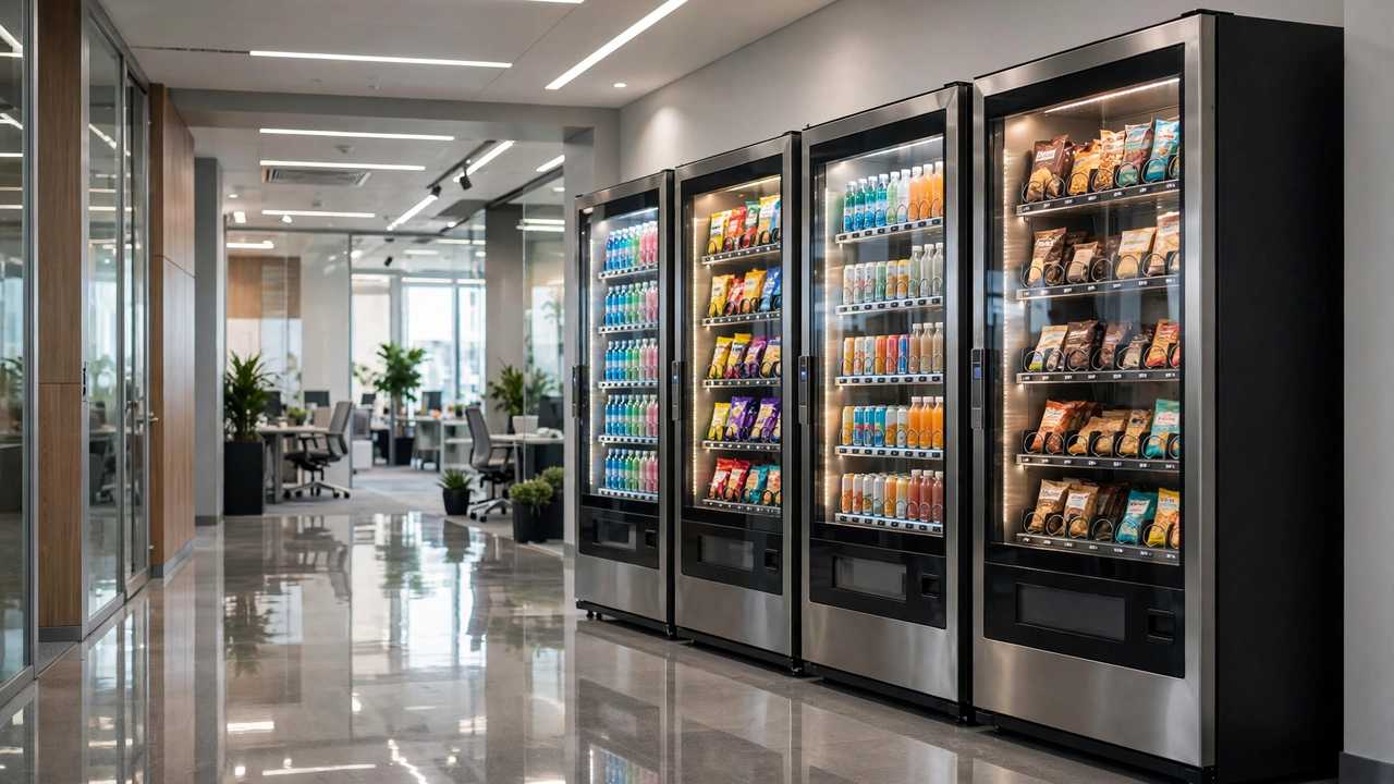A row of glowing modern vending machines stocked with snacks and drinks in a bright hallway.
