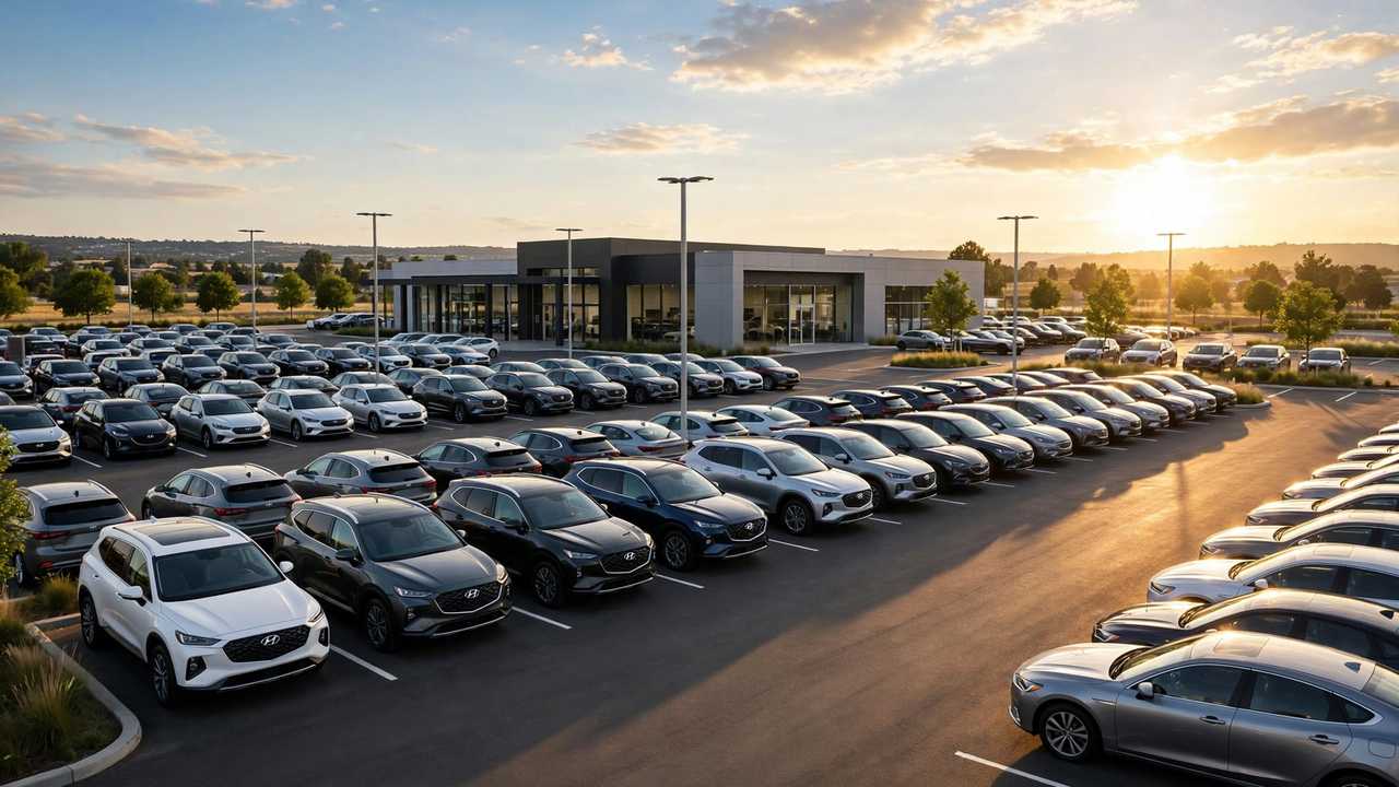 Rows of new sedans and SUVs on a car dealership lot at golden hour under a bright sky.
