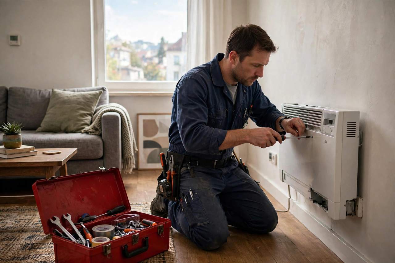 A handyman repairing a wall heater in an apartment living room with a toolbox nearby.