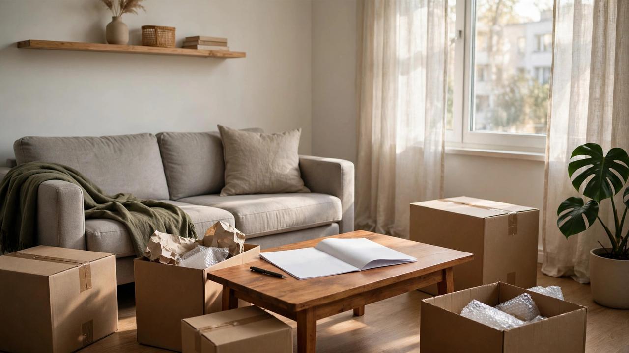 A rental apartment living room with moving boxes and a lease document on a table.