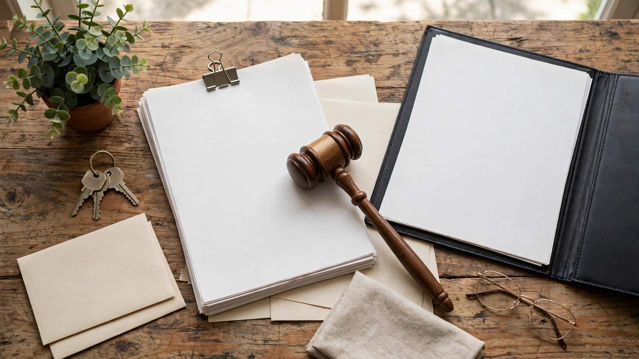 A visual of legal documents and a gavel representing tenant defenses in an eviction case.
