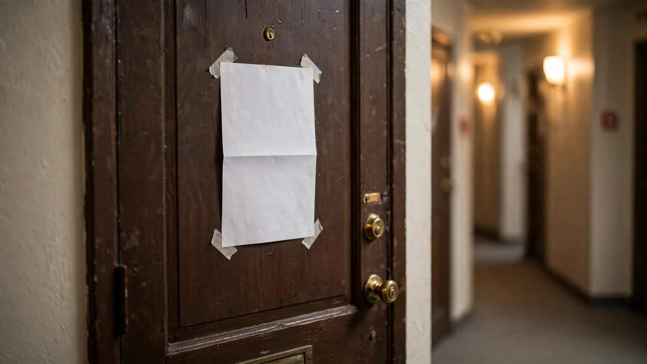 A legal pay or quit notice taped to an apartment front door in a hallway.