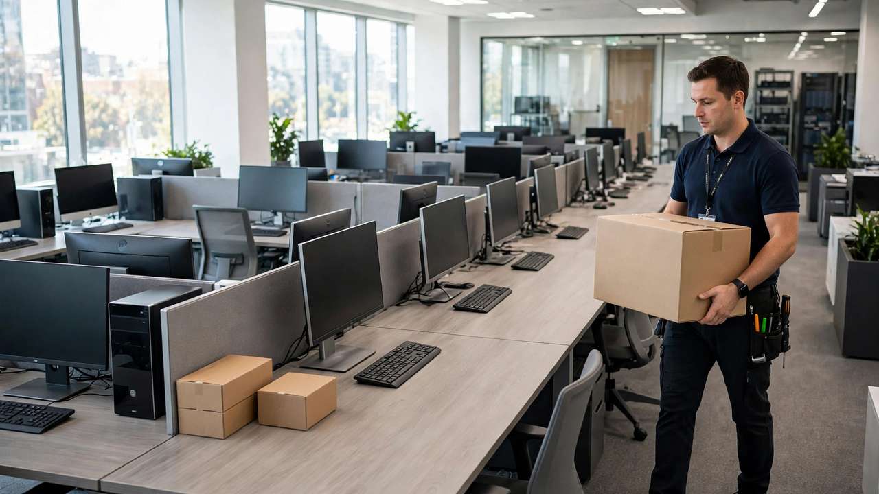 IT technician delivering new computers during a technology refresh rollout in a modern office.