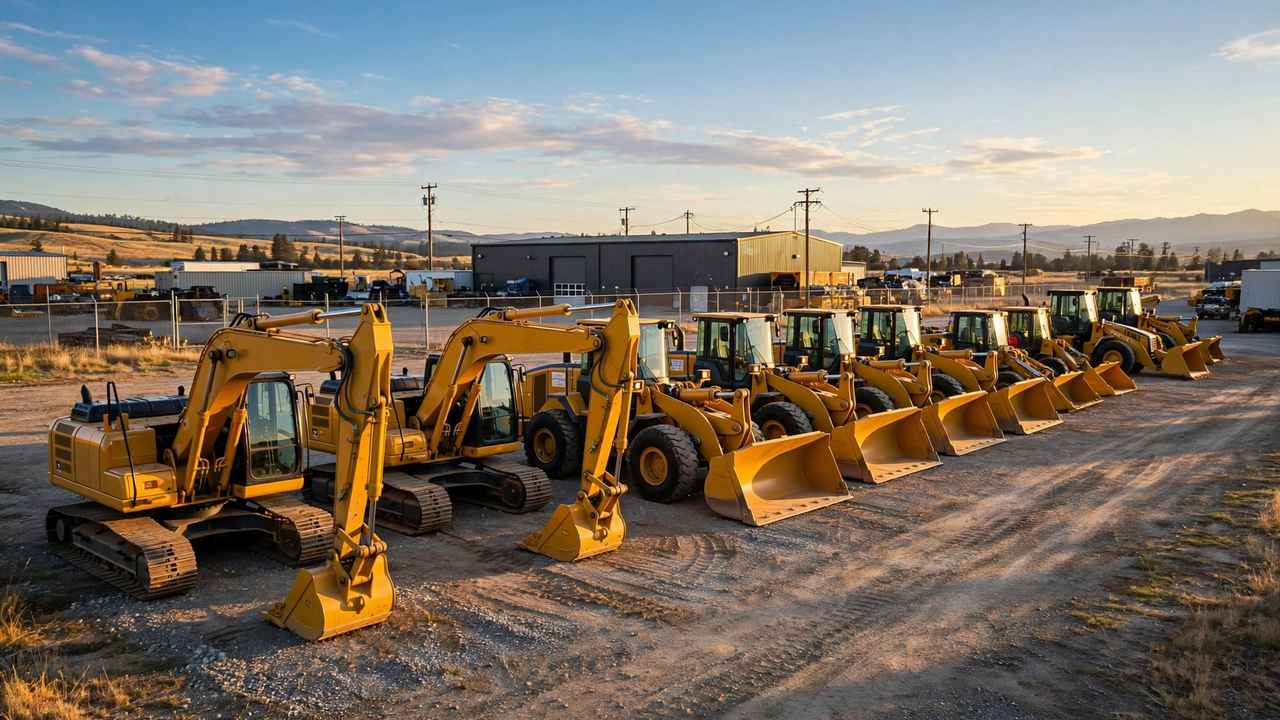 Row of well-maintained used excavators and loaders lined up at an equipment dealership lot at golden hour.