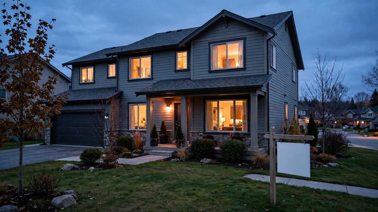 A suburban rental house exterior at dusk with warm lights glowing inside.